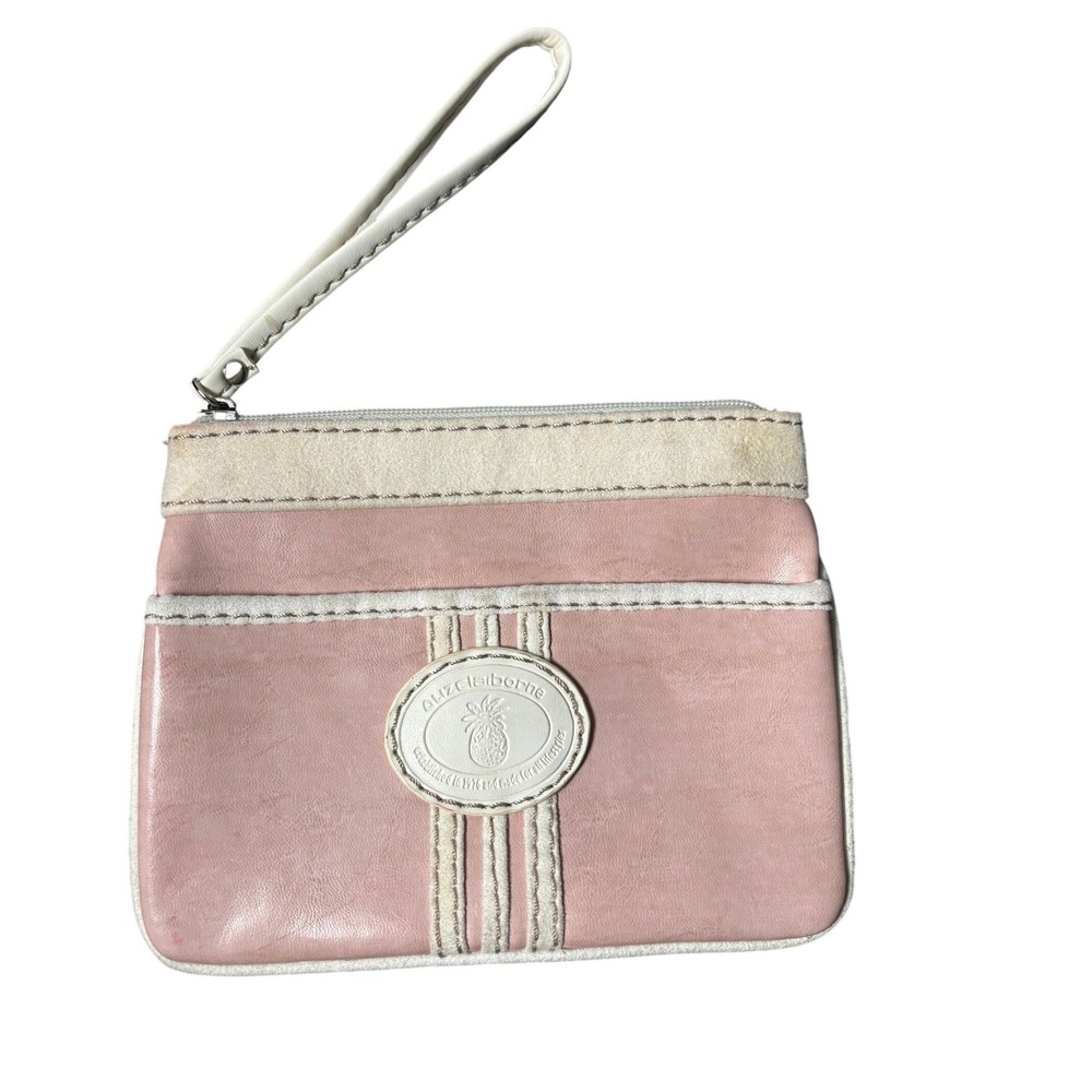 Liz‎ Claiborne Pink Faux Leather Pineapple Wristlet Pouch Bag Cream Trim